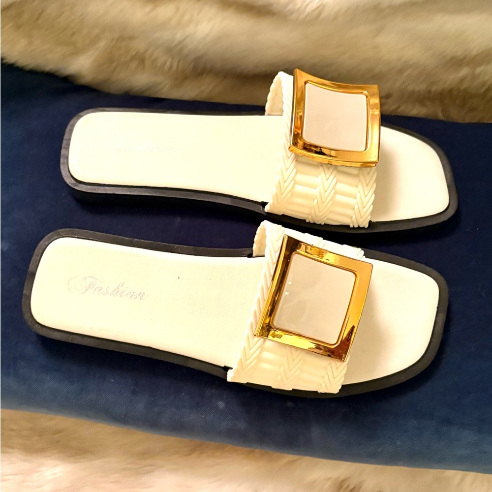 Fashion Bug Ivory Sandals with Golden Buckle